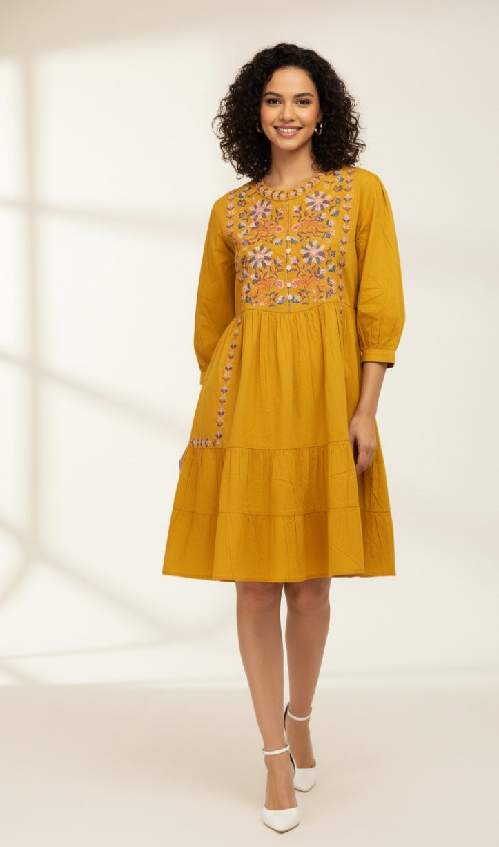 Golden Bloom: The Embroidered Mustard Tiered Dress