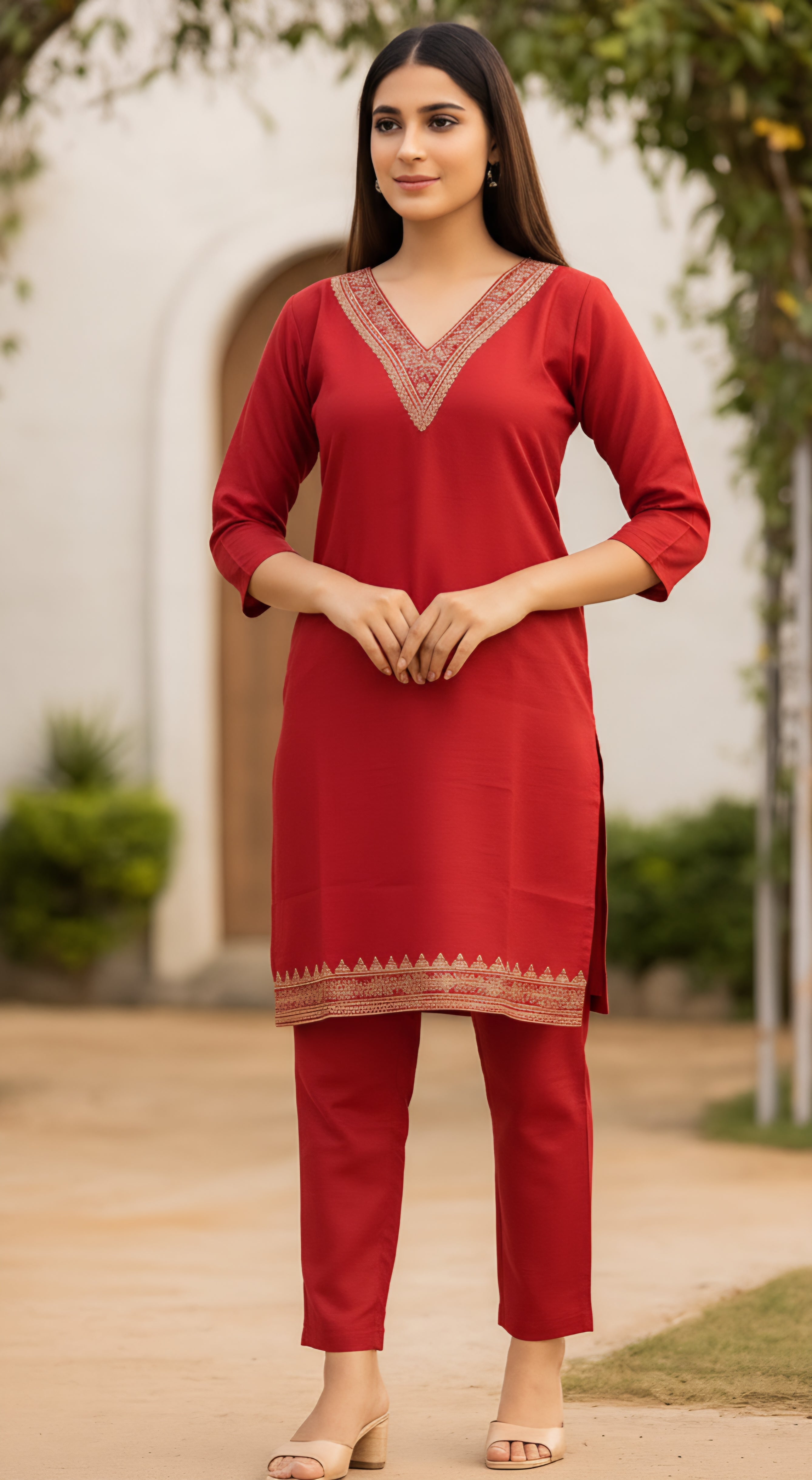 Elegant Embroidered V-Neck Kurta Set (3/4 Sleeves)