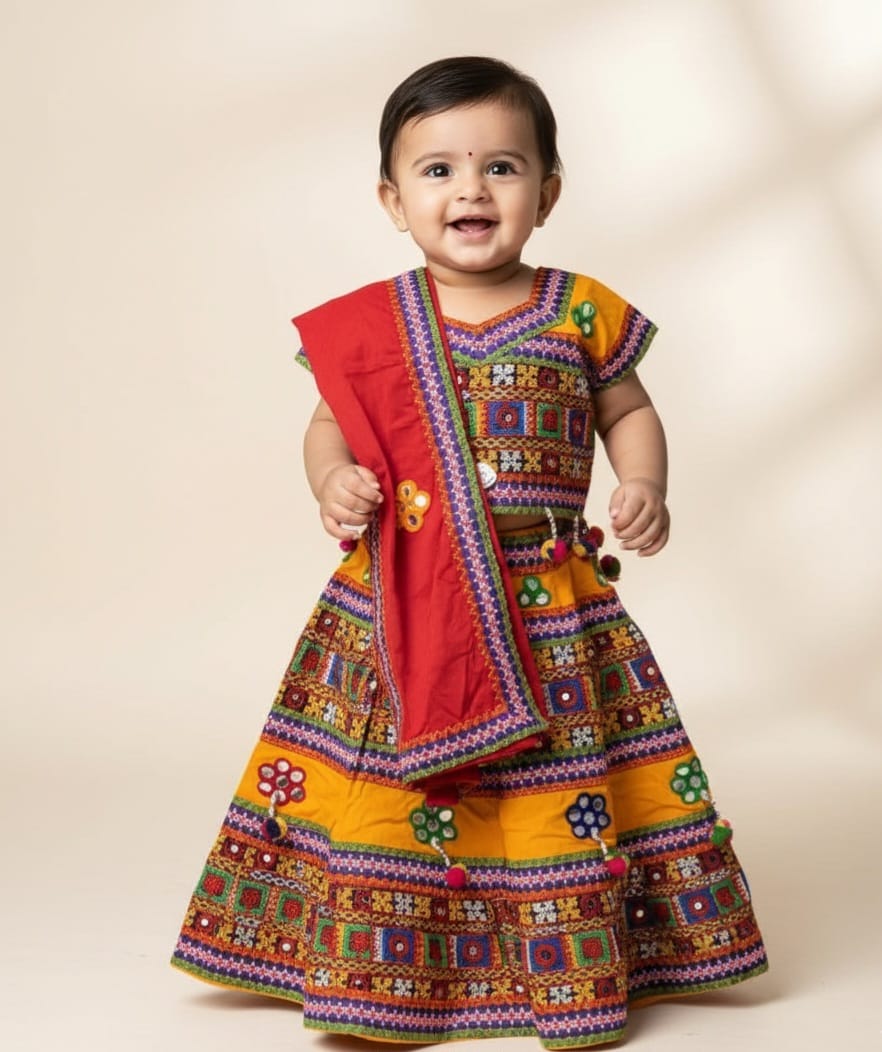 Vibrant Yellow & Red Baby Girl Ghagra Choli Set