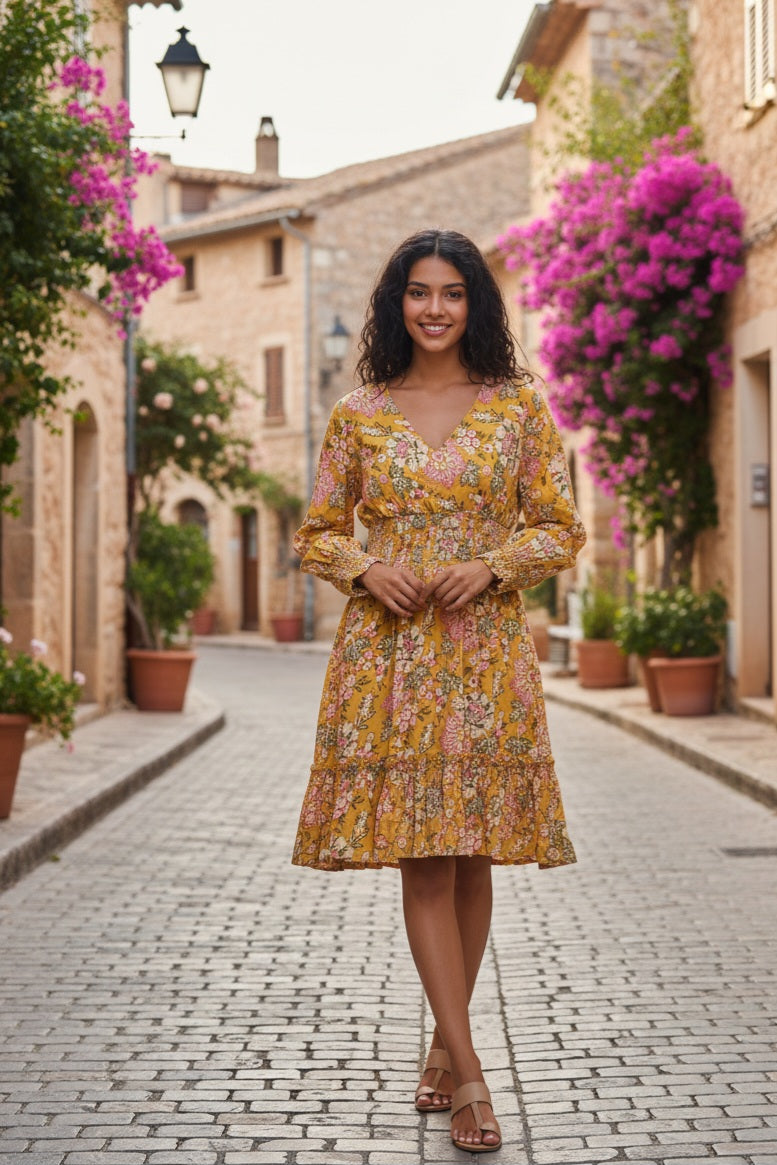 Mediterranean Charm: The Floral Mustard Mini Dress