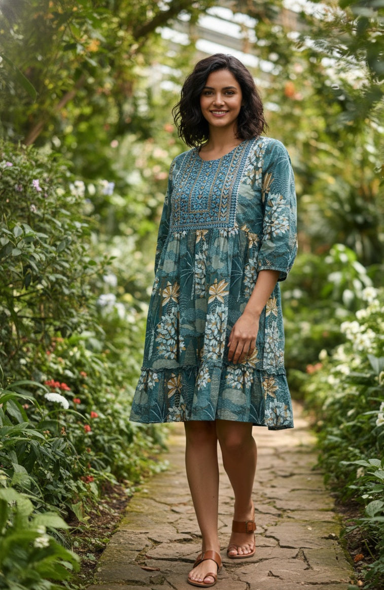 Garden Muse: The Teal Printed & Embroidered Cotton Dress