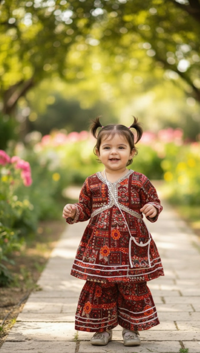 Little Blossom Embroidered & Printed Sharara Set - Regal Maroon