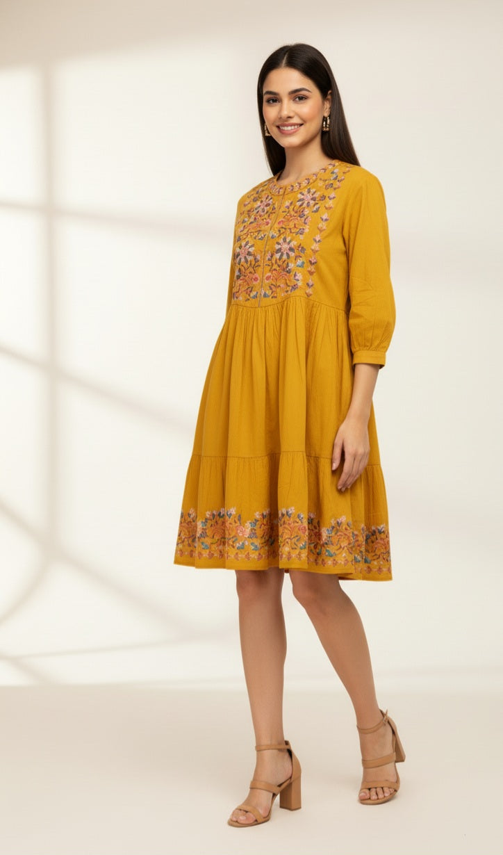 Golden Bloom: The Embroidered Mustard Tiered Dress