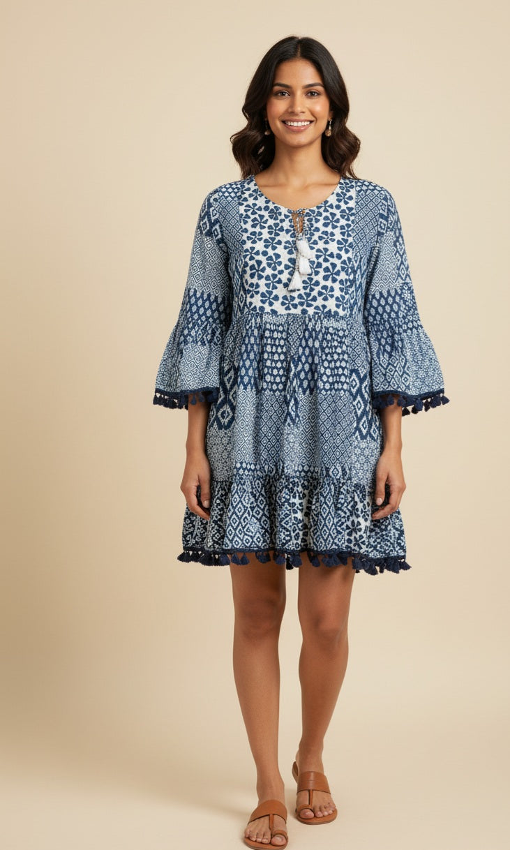 Boho Indigo Cotton Dress – Handblock Print