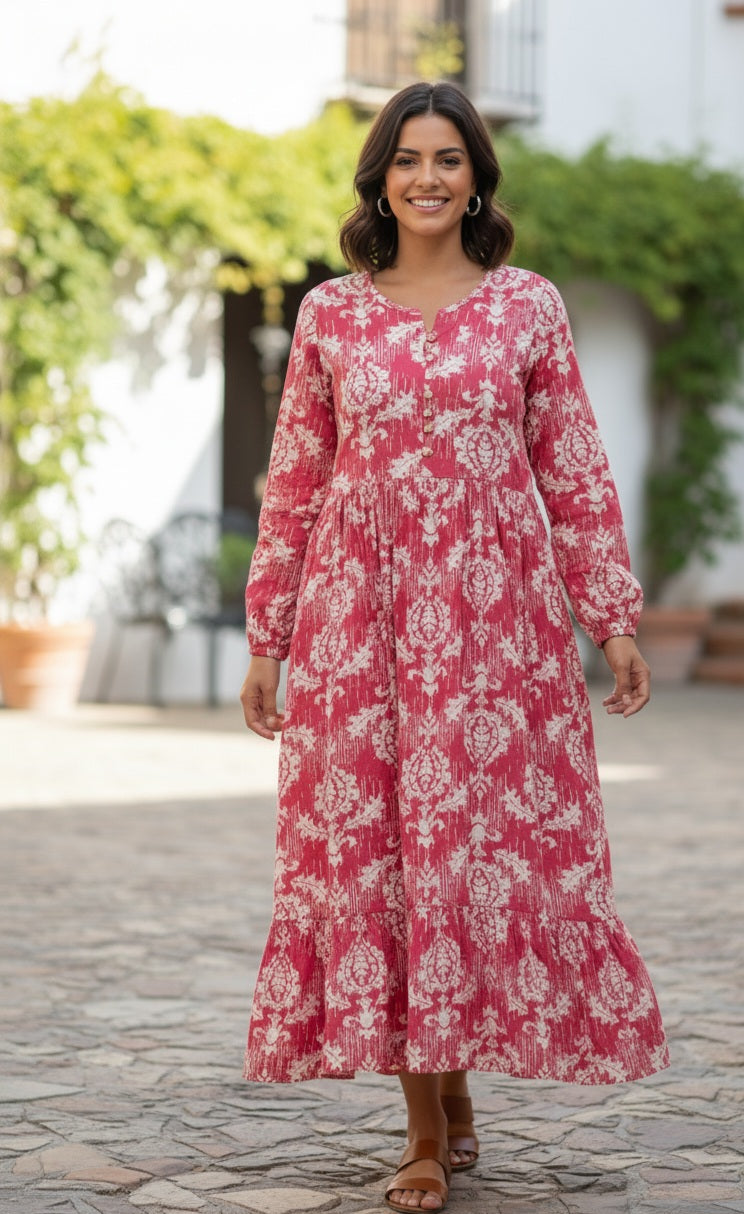 The Raspberry Damask Gathered Midi Dress 💖