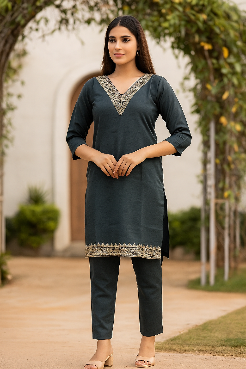 Elegant Embroidered V-Neck Kurta Set (3/4 Sleeves)