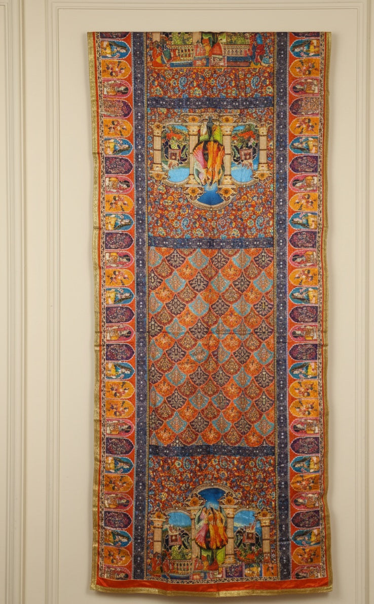 Luxury Printed Shawl: Rich Orange & Blue Dupatta with Mythological Scenes & Zari Border