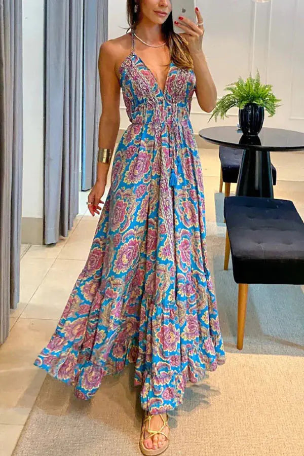 2025 Summer Women's V-Neck Floral Maxi Dress