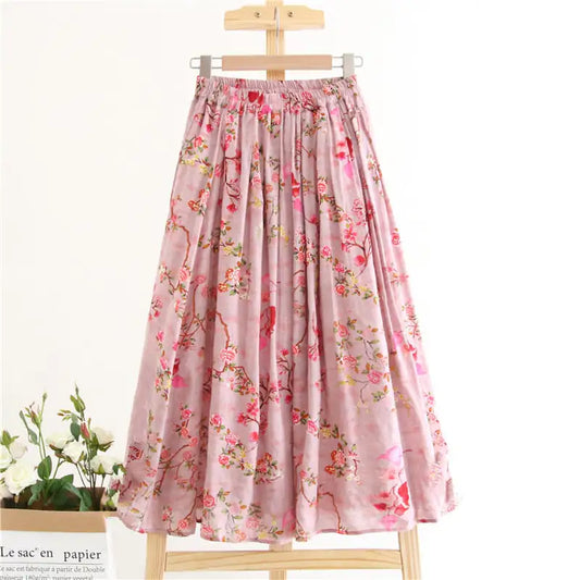 Women's Floral A-Line Long Dress in Cotton and Linen