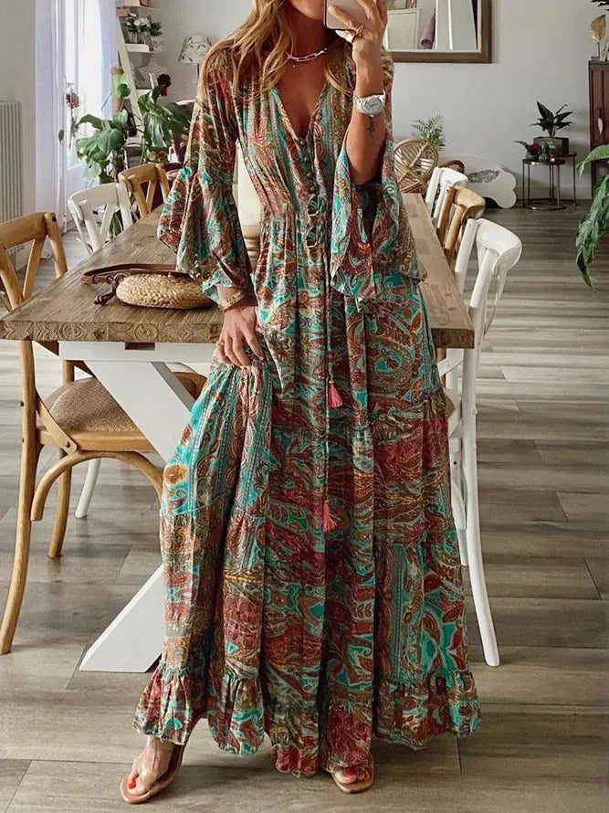 2025 Bohemian Floral Print Maxi Dress with V-Neck