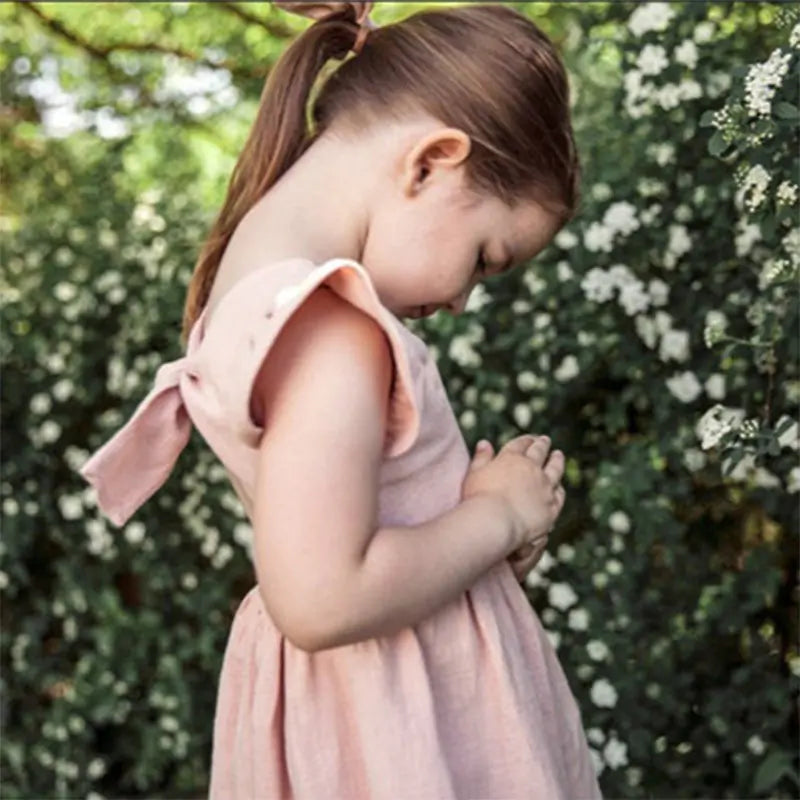 Girls' Cotton Linen Bow Princess Dress for Ages 3-8