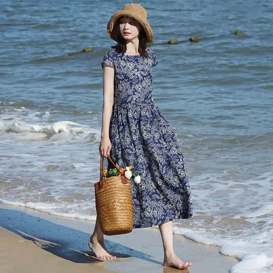 Lazy Blue Floral Short Sleeve Cotton Linen Dress