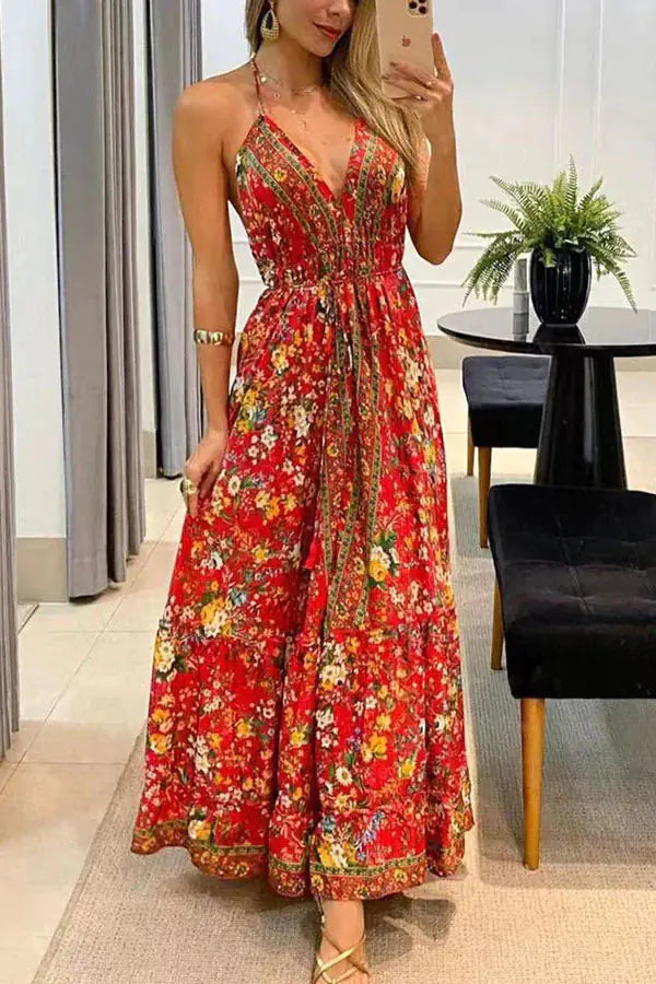 2025 Summer Women's V-Neck Floral Maxi Dress