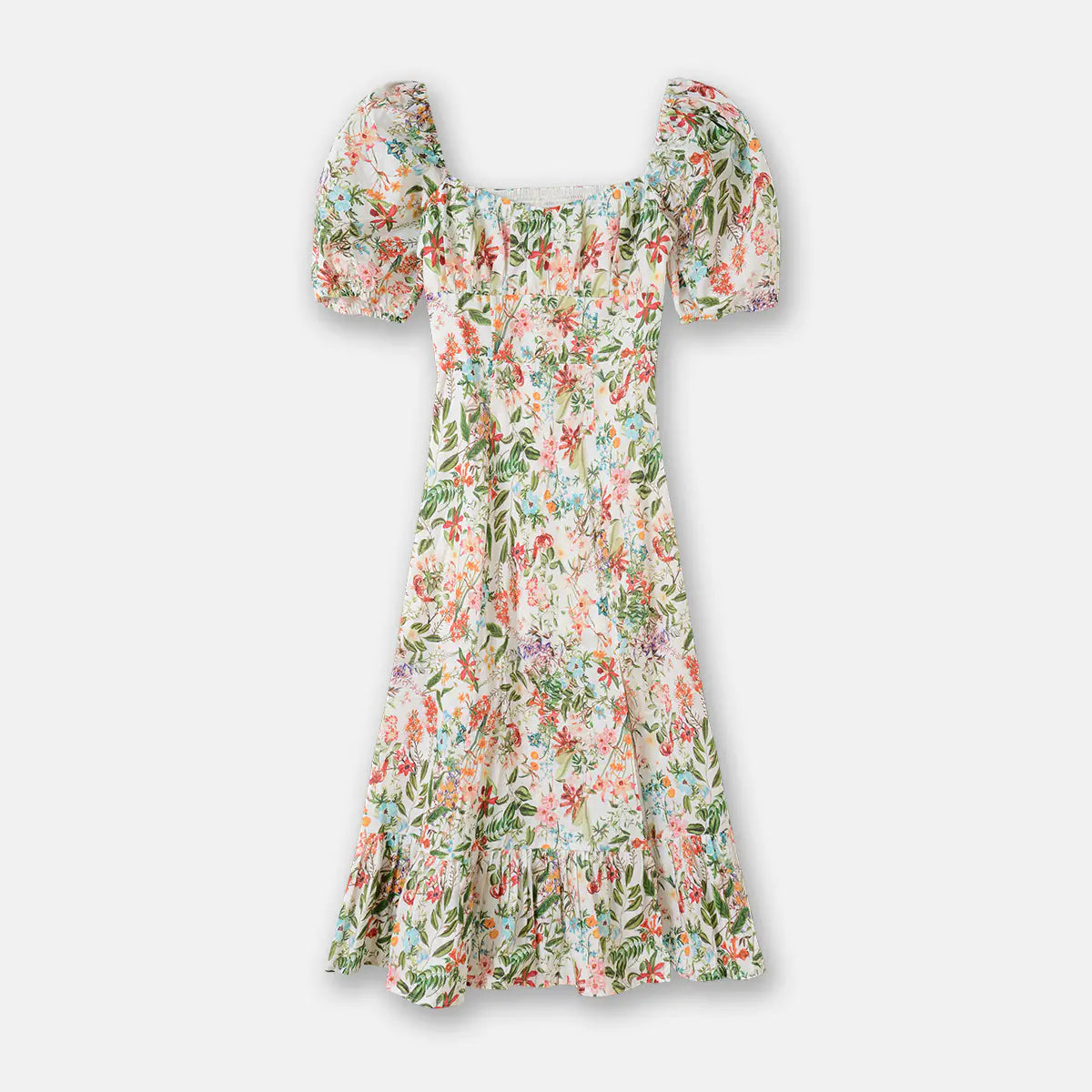 Floral Print Puff Sleeve Linen Mid-Length Dress